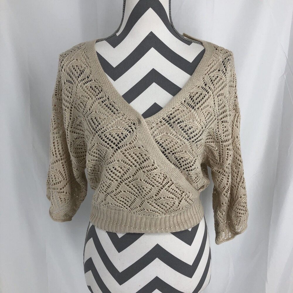 Hippie Rose Beige Cross Front Wrap Tie Back Pullover Open KnitSweater Small